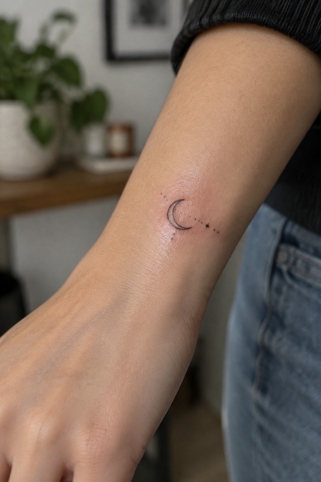 Small black fine-line crescent moon and star tattoo on the inner wrist, with tiny scattered dots.