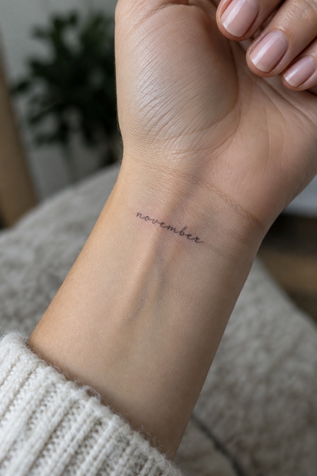 Small cursive “November” tattoo on the inner wrist.