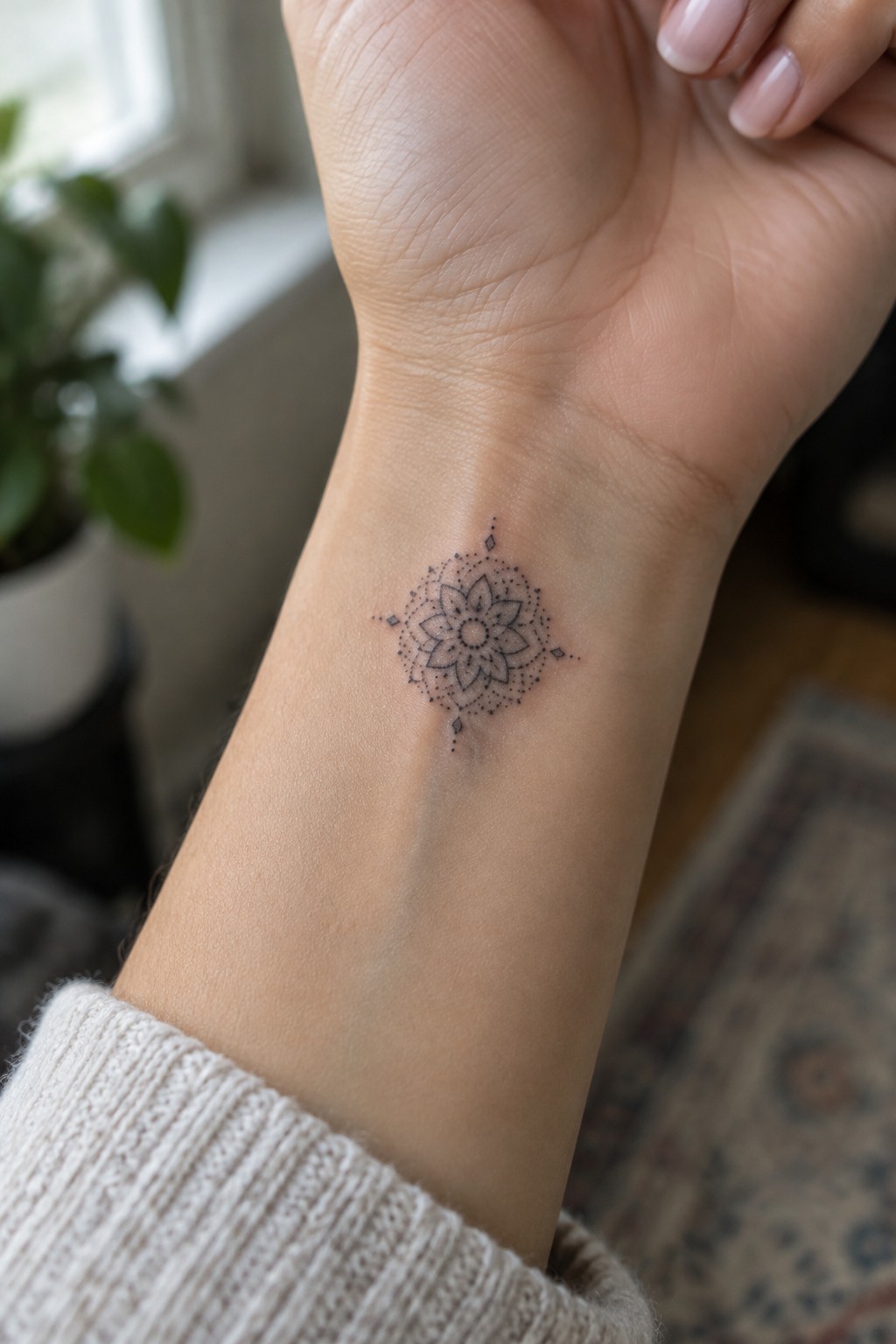 Small fine-line mandala tattoo with floral petals and dotted accents on the inner wrist.
