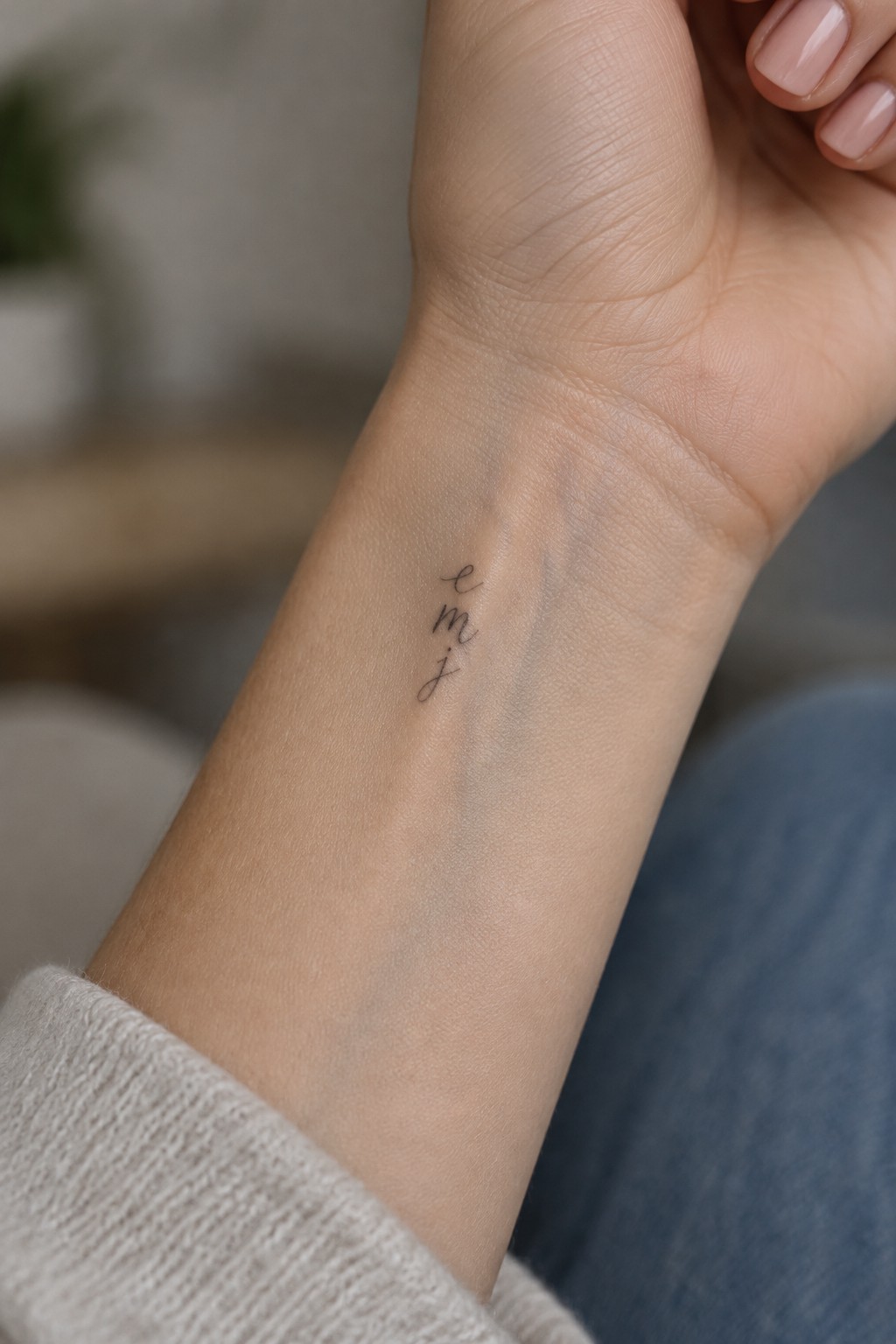 Three small lowercase initials in black cursive arranged vertically on the inner wrist.