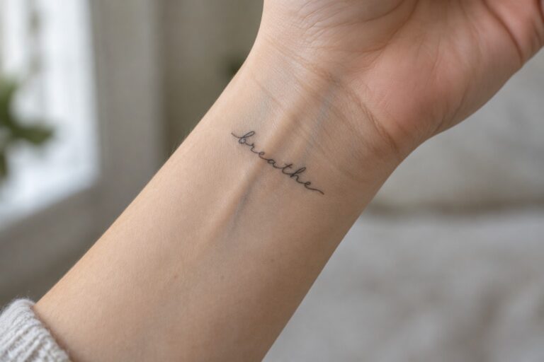 Small fine-line cursive word tattoo on the inner wrist.