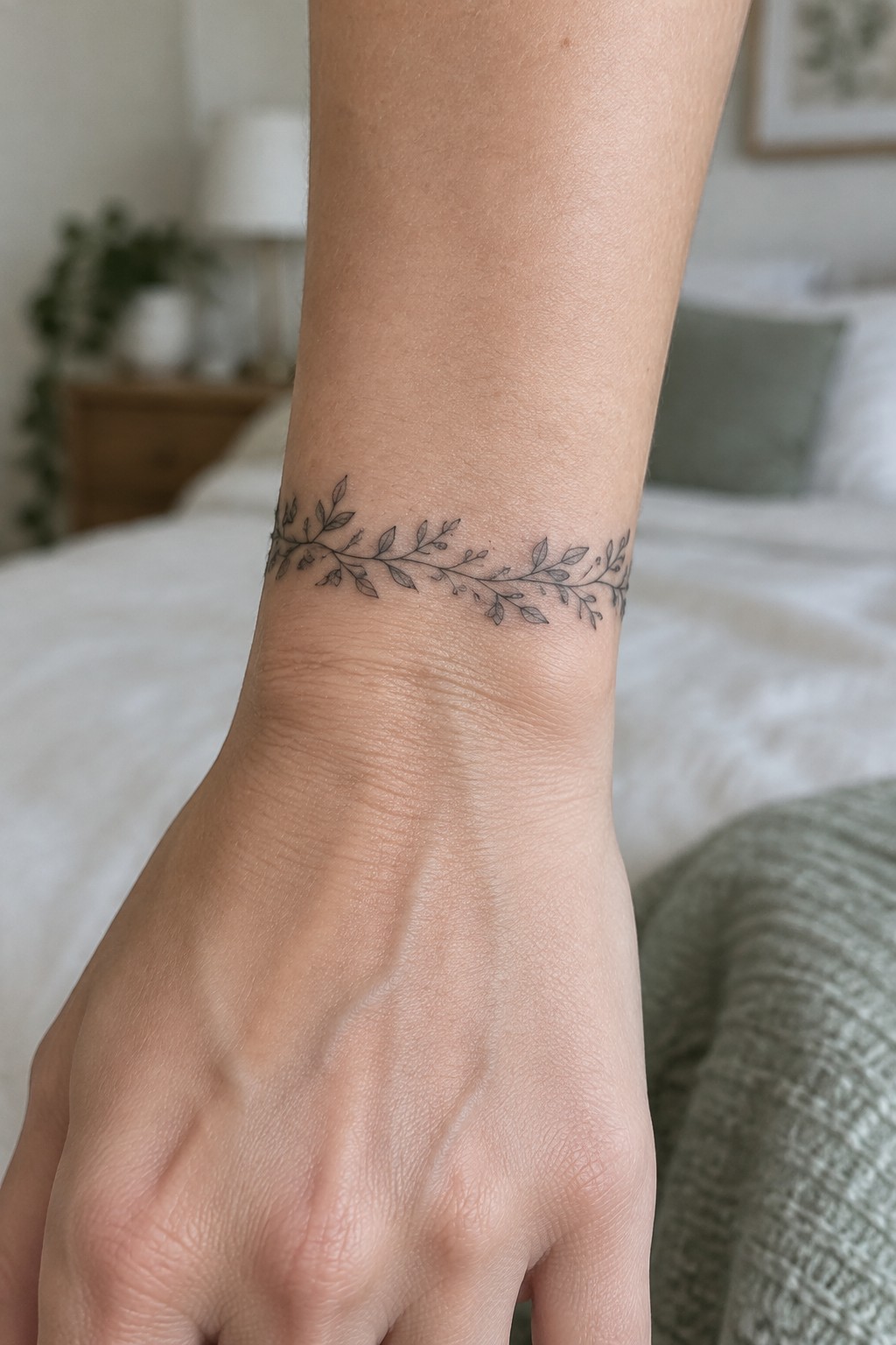 A small fine-line botanical tattoo wraps around the wrist, with a thin branch and scattered leaves.