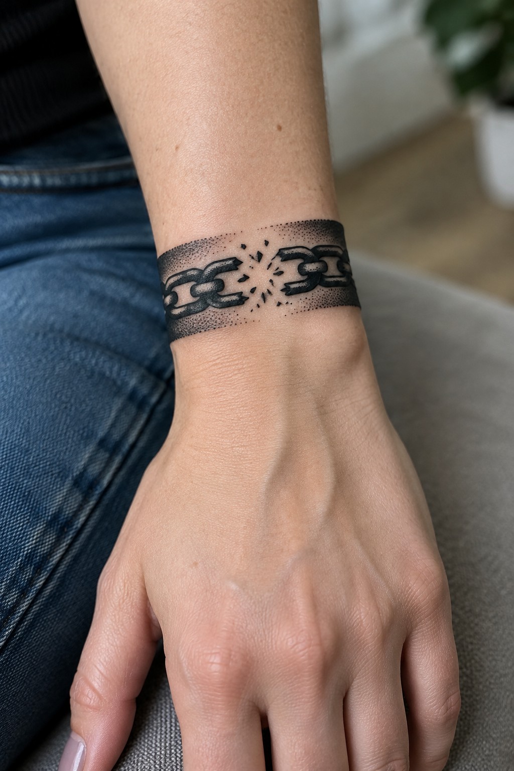 Black broken chain tattoo with dotted shading wrapped around a woman’s wrist.
