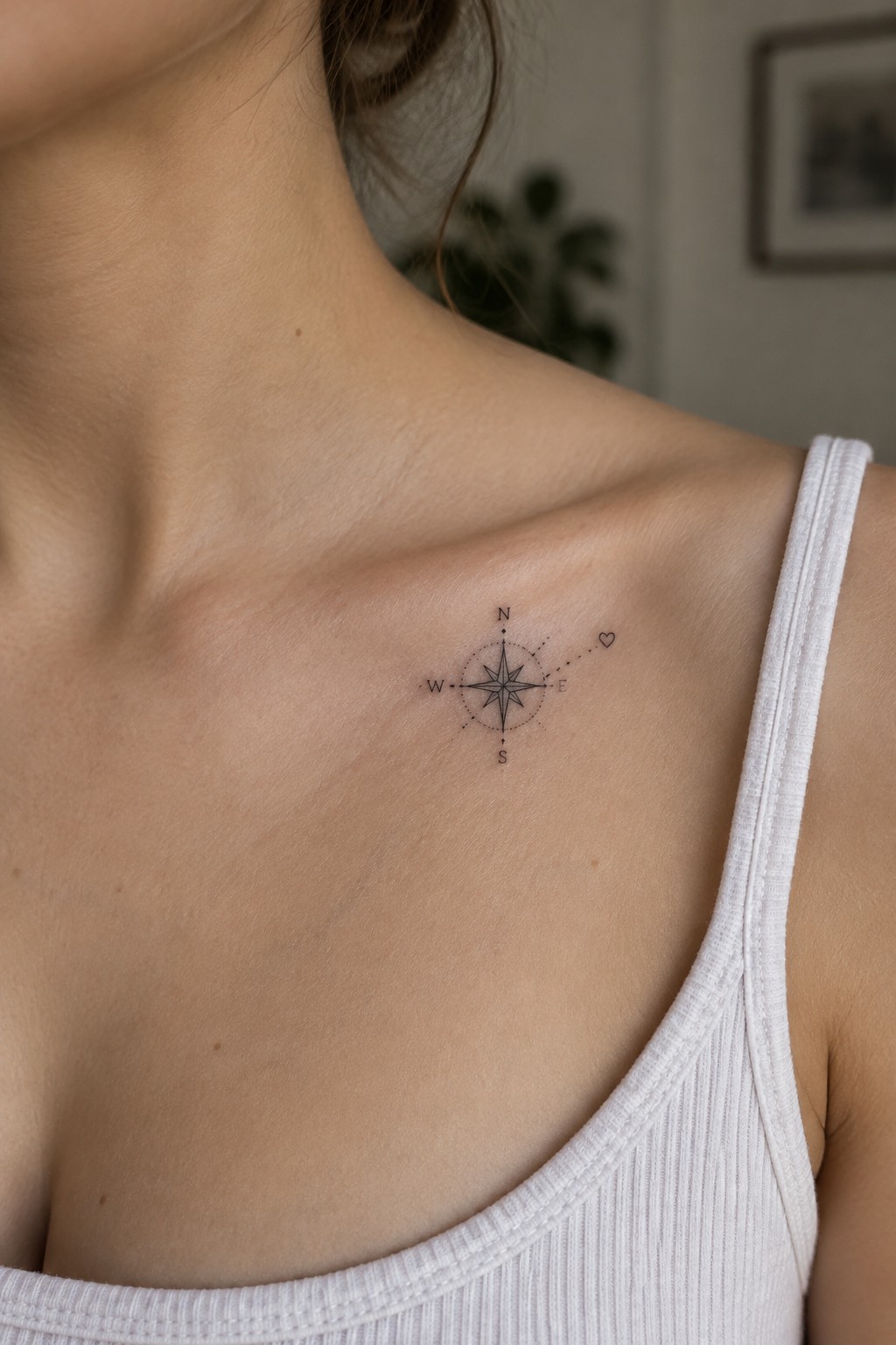 Small fine-line compass rose tattoo with N, E, S, and W markings and a tiny heart on a woman’s upper chest near the collarbone.