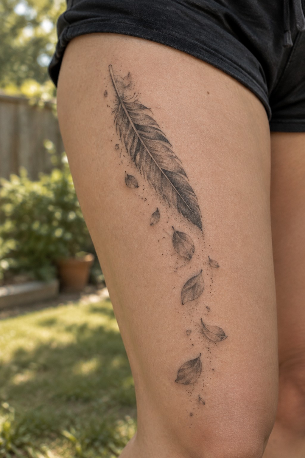 Black and gray feather tattoo with falling leaves and dot details running down a woman’s thigh.