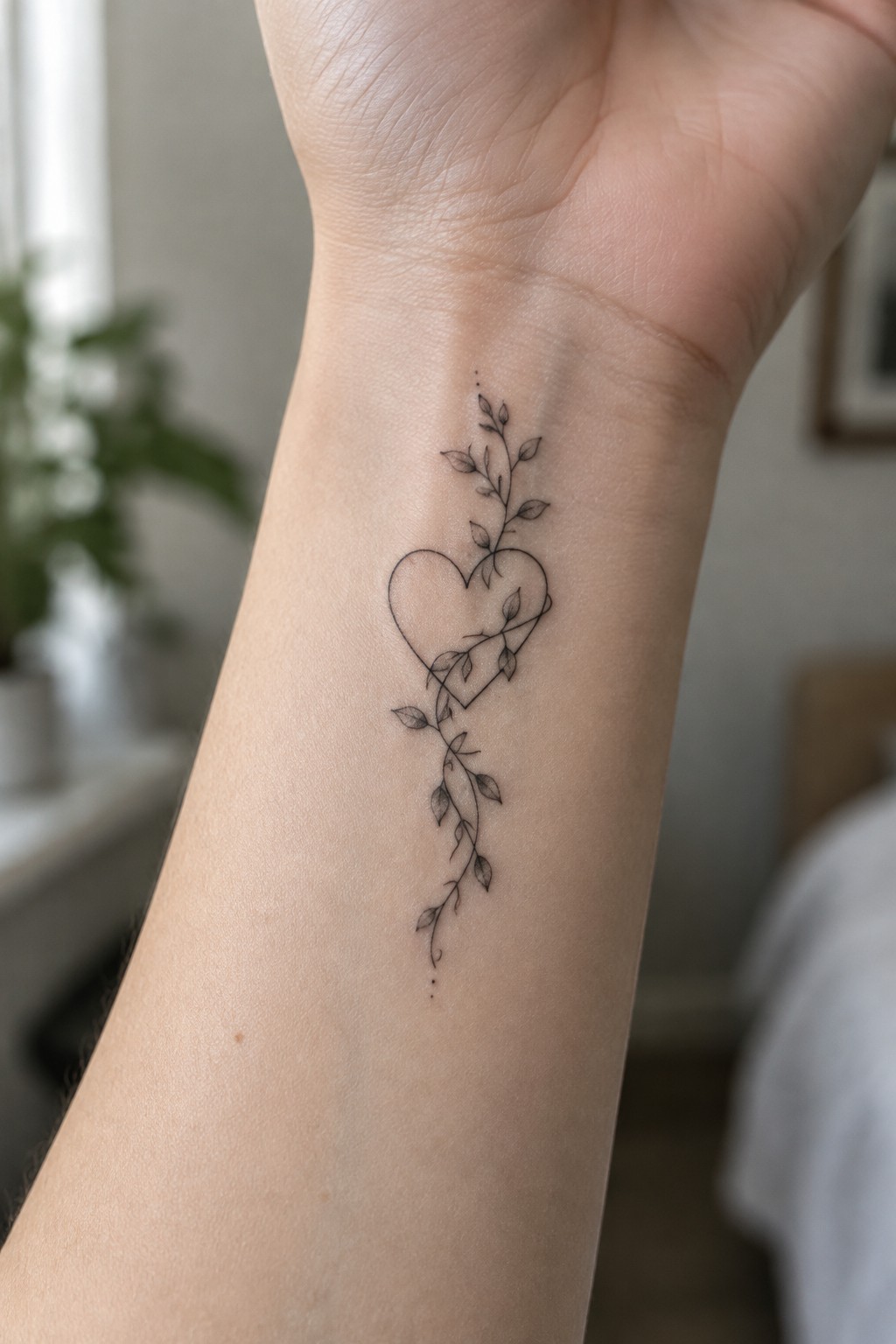 Fine-line heart tattoo woven into a leafy vine along the inner wrist.