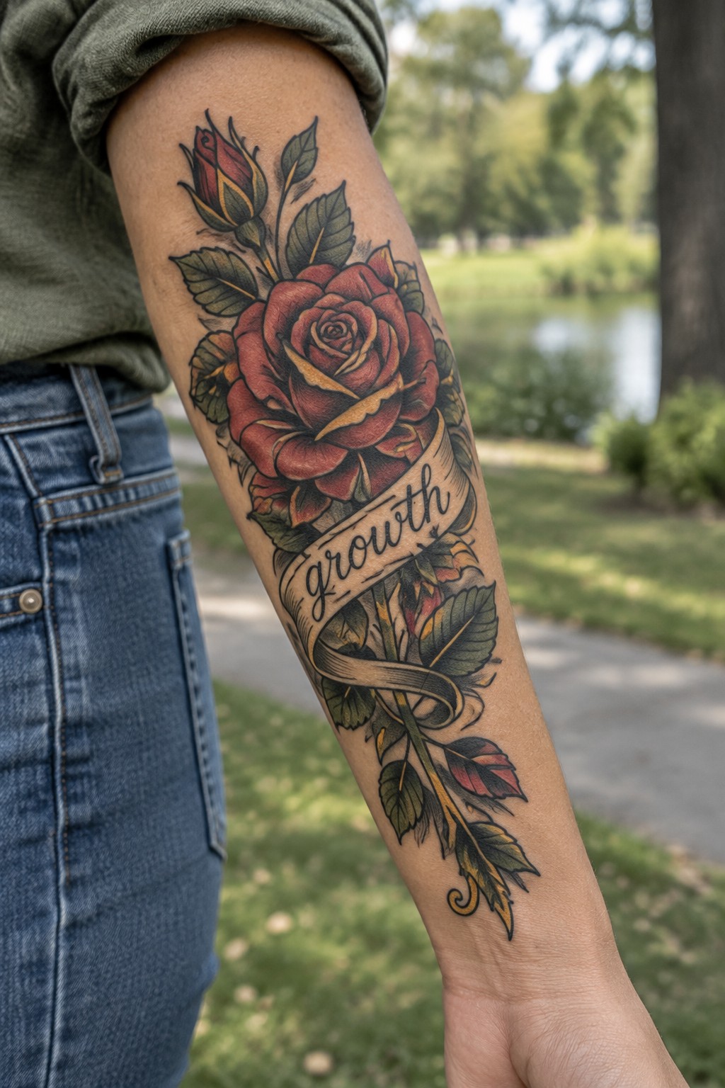 Large traditional-style red rose tattoo with green leaves and a “Growth” banner running down a woman’s forearm.