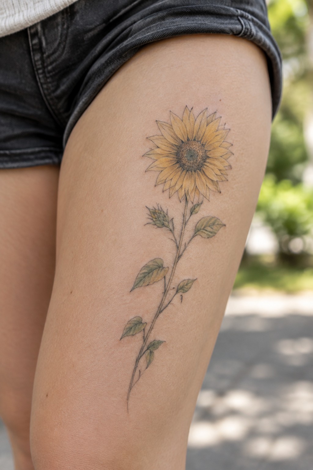 Fine-line sunflower tattoo with muted yellow petals and green leaves running down the outer thigh.