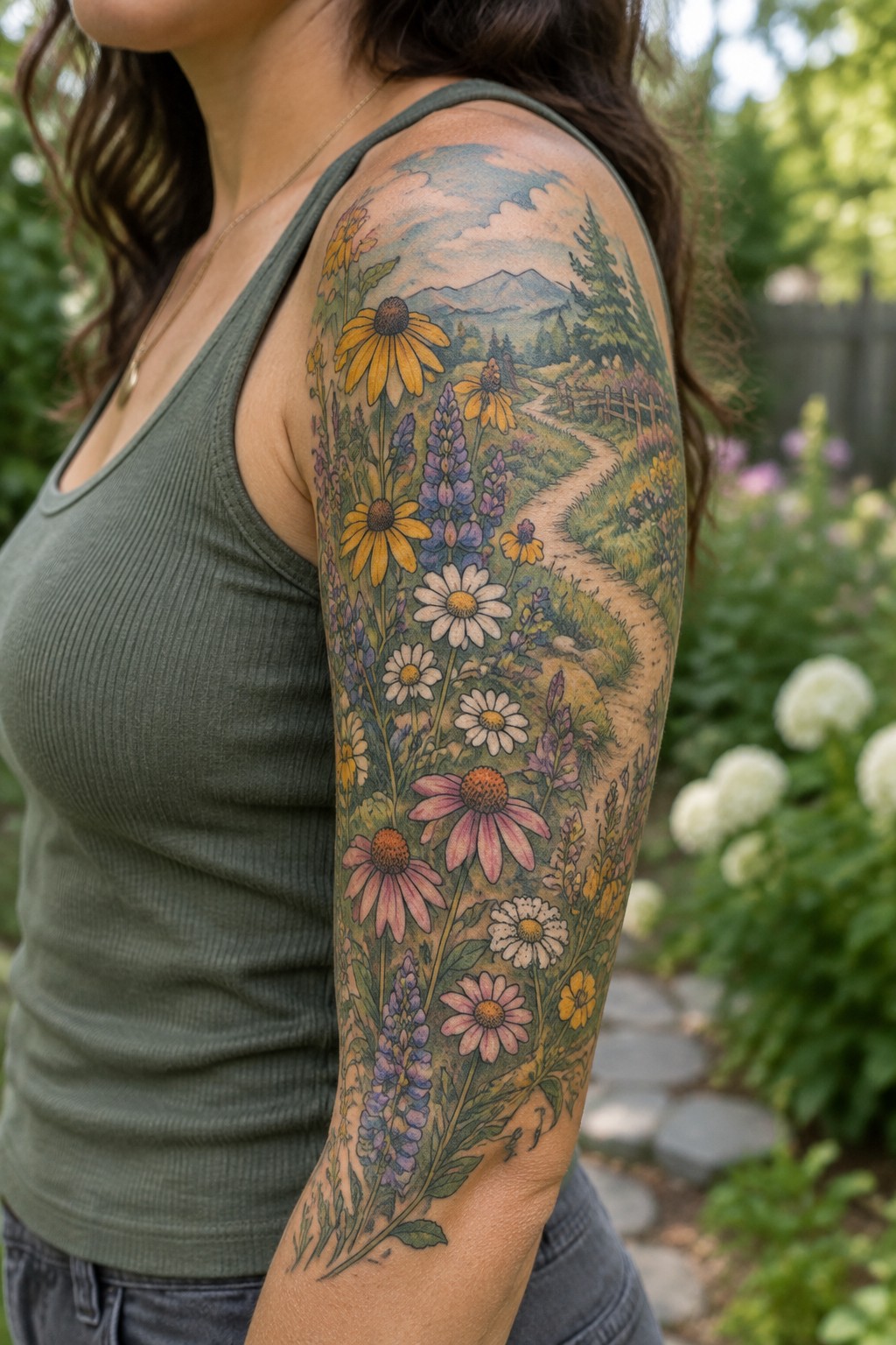 Colorful wildflower landscape tattoo with a winding path and mountains covering a woman’s upper arm and forearm.
