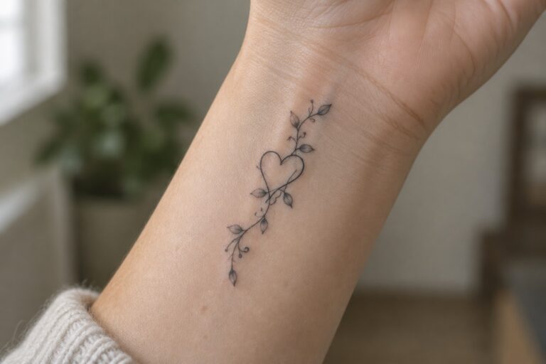18 Heartfelt Self Love Tattoos for Women Focused on Healing and Personal Growth Fine-line heart tattoo woven into a leafy vine along the inner wrist.