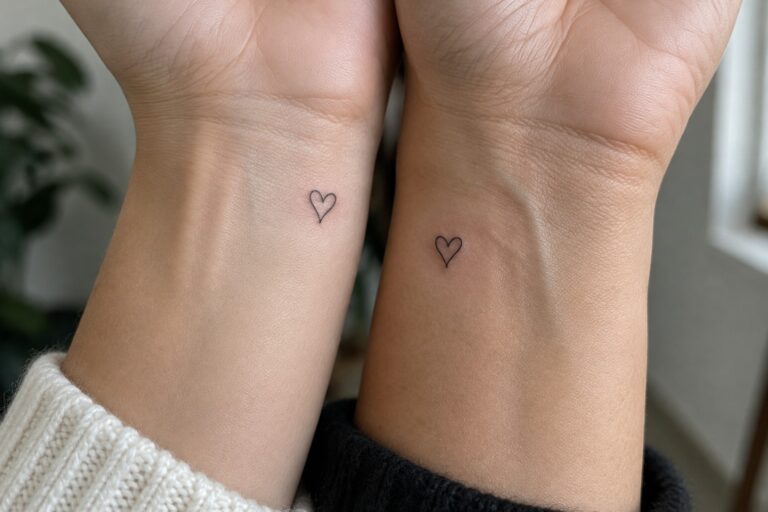 Two people hold their inner wrists together to show matching small black outline heart tattoos.
