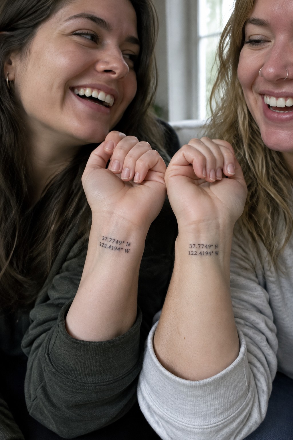 Two women hold up matching small coordinate tattoos on their inner wrists, reading 37.7749° N and 122.4194° W.