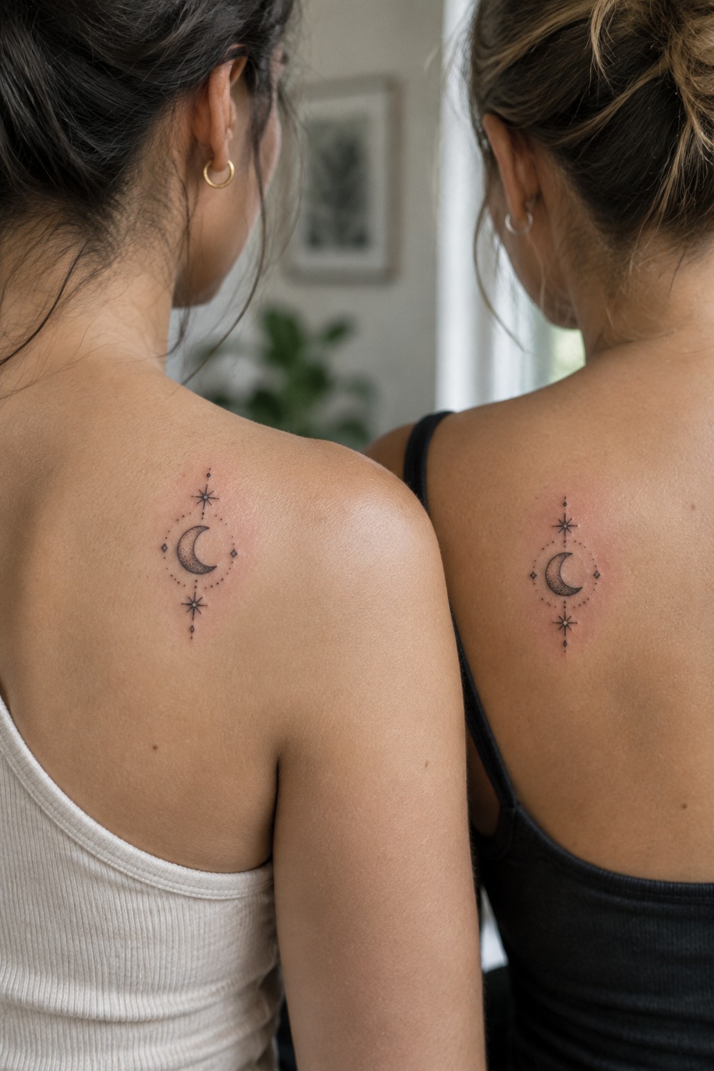Two women showing matching small black crescent moon tattoos with stars and dots on their upper back shoulders.