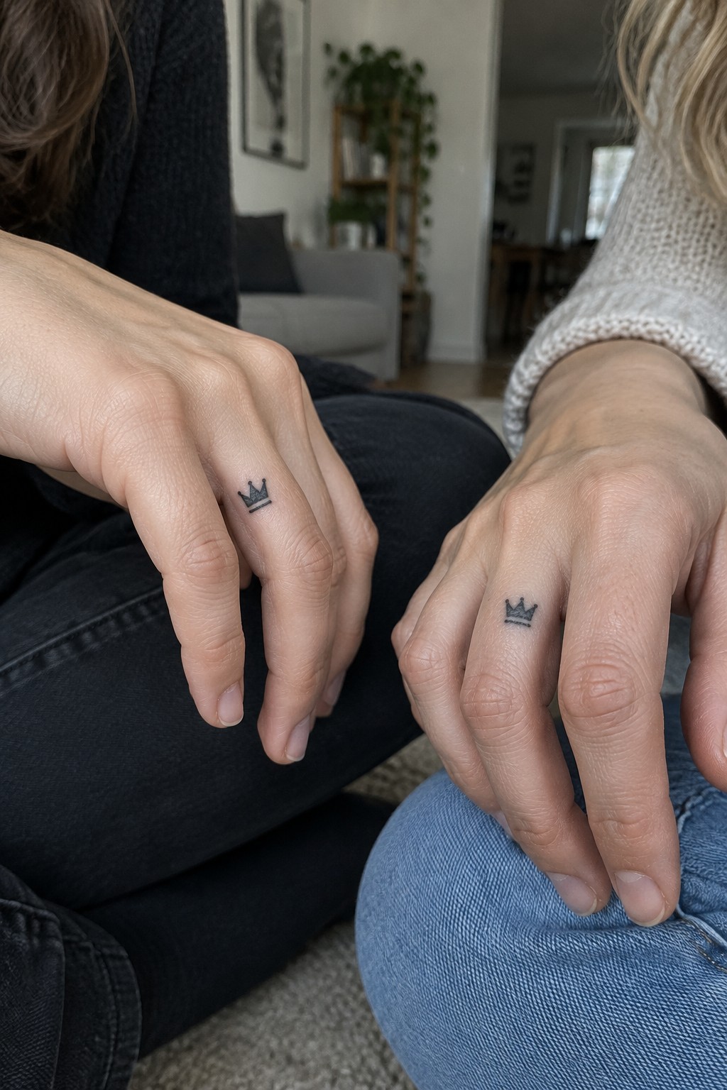 Two people display small matching black crown tattoos on their fingers.