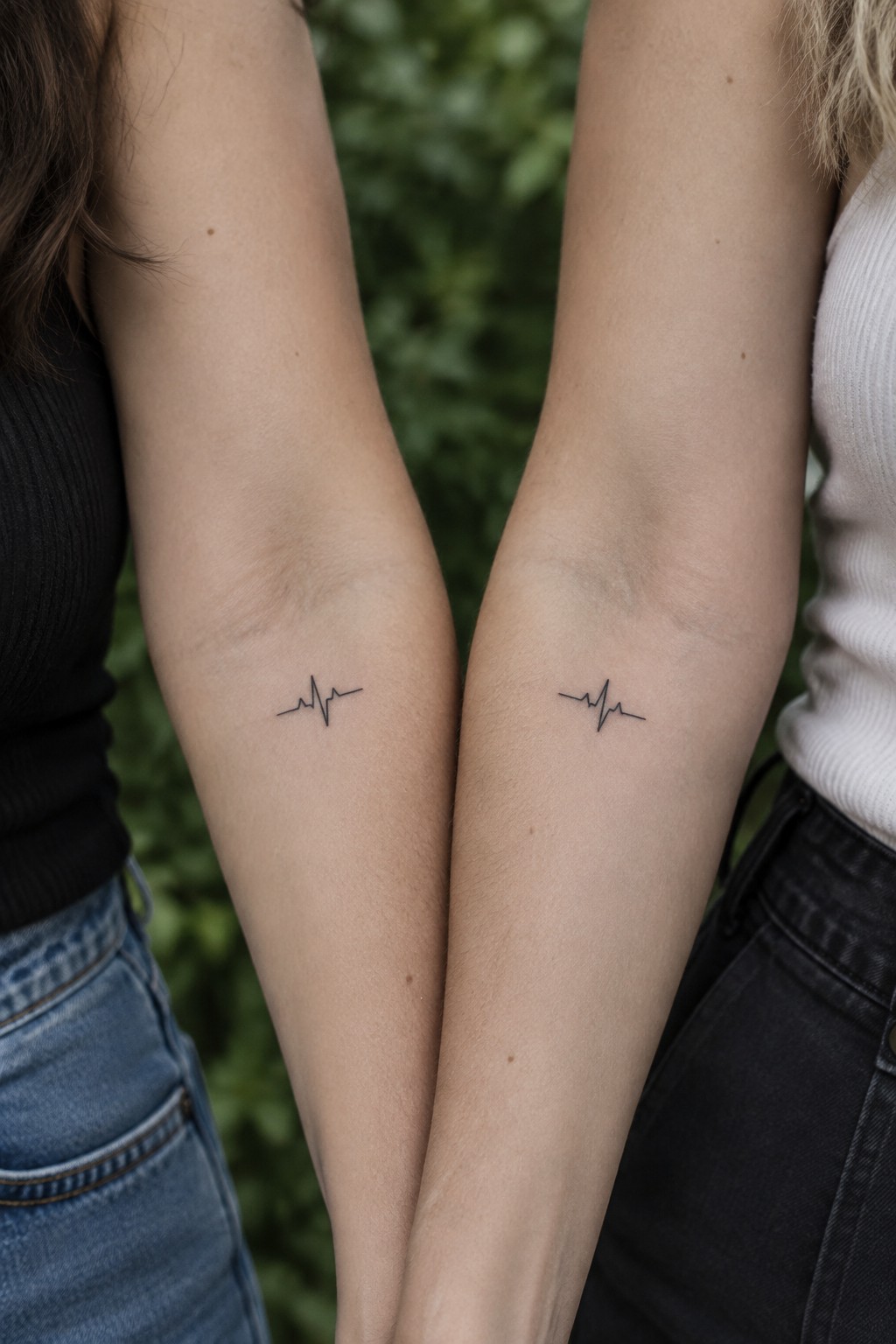 Two women touch inner forearms, each showing a small black fine-line heartbeat tattoo.