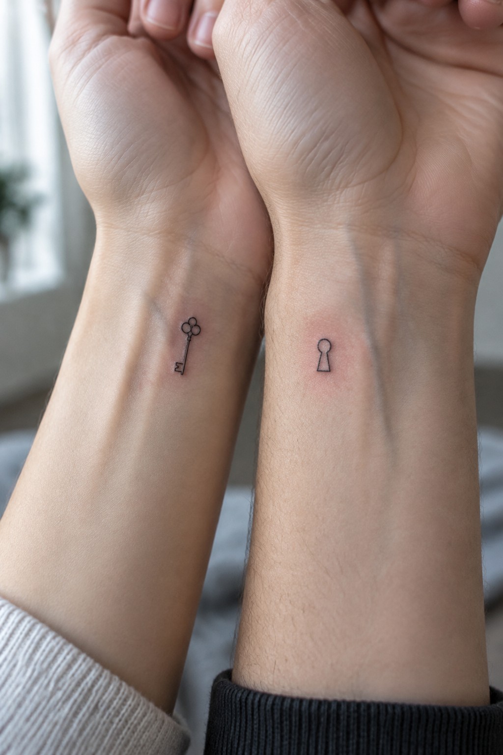 Two people hold their inner wrists together, showing small matching black outline tattoos of a key and a keyhole.