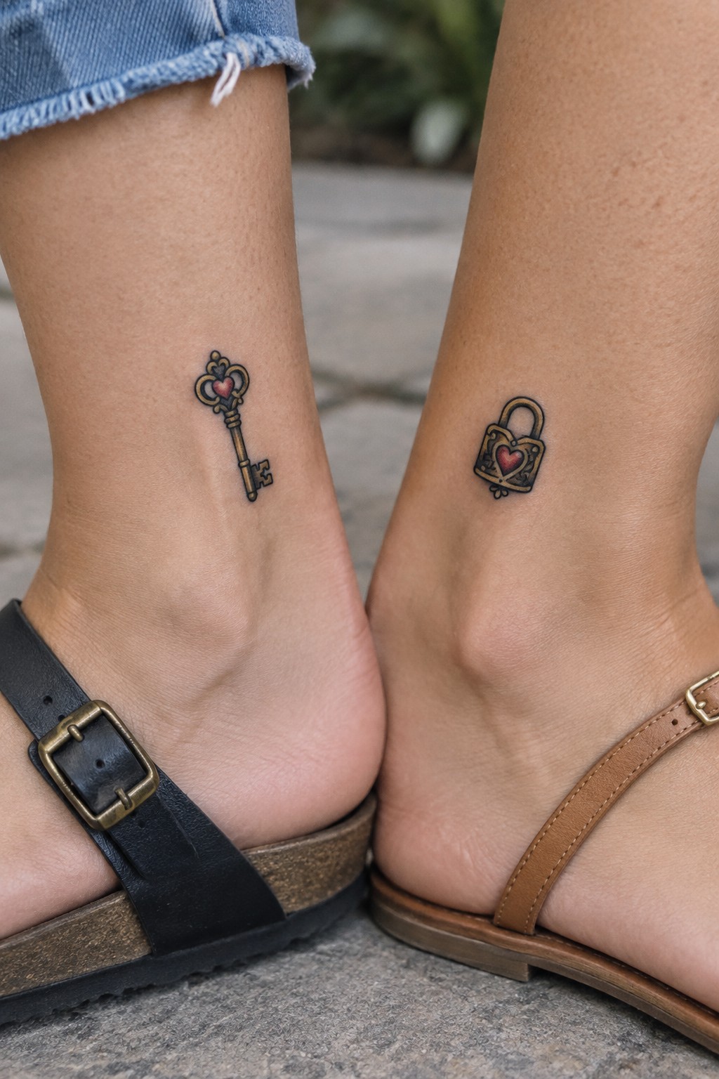 Small matching tattoos of an ornate heart key and a heart lock on two women’s ankles above their sandals.