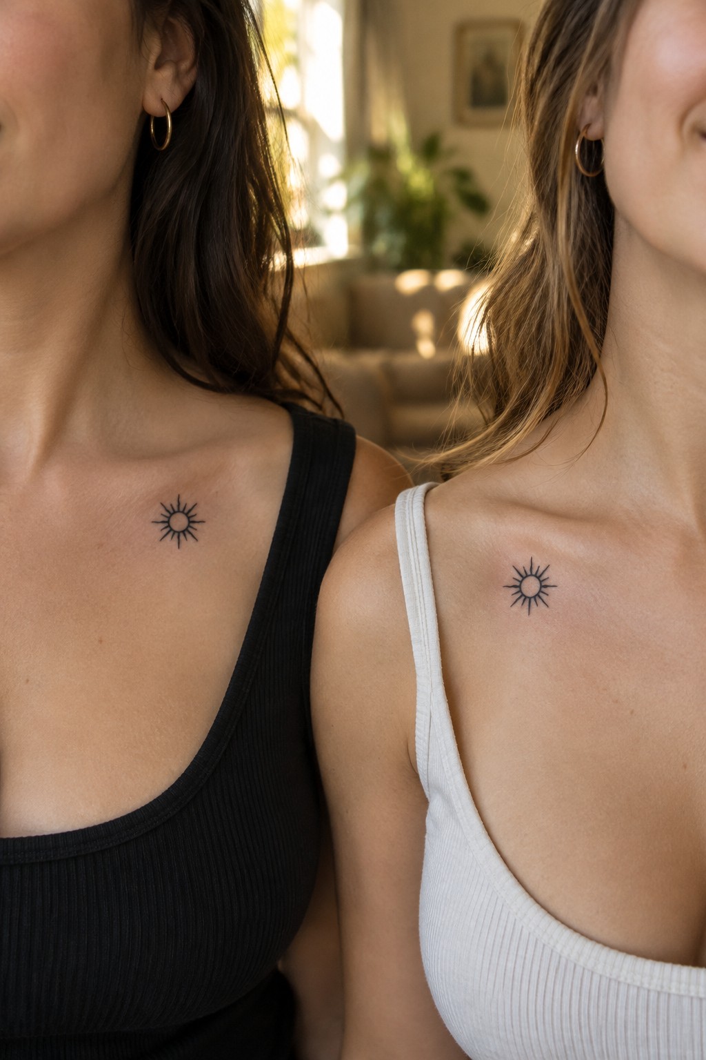 Two women wearing small matching black sun tattoos near their collarbones, one in a black tank top and the other in a white tank top.