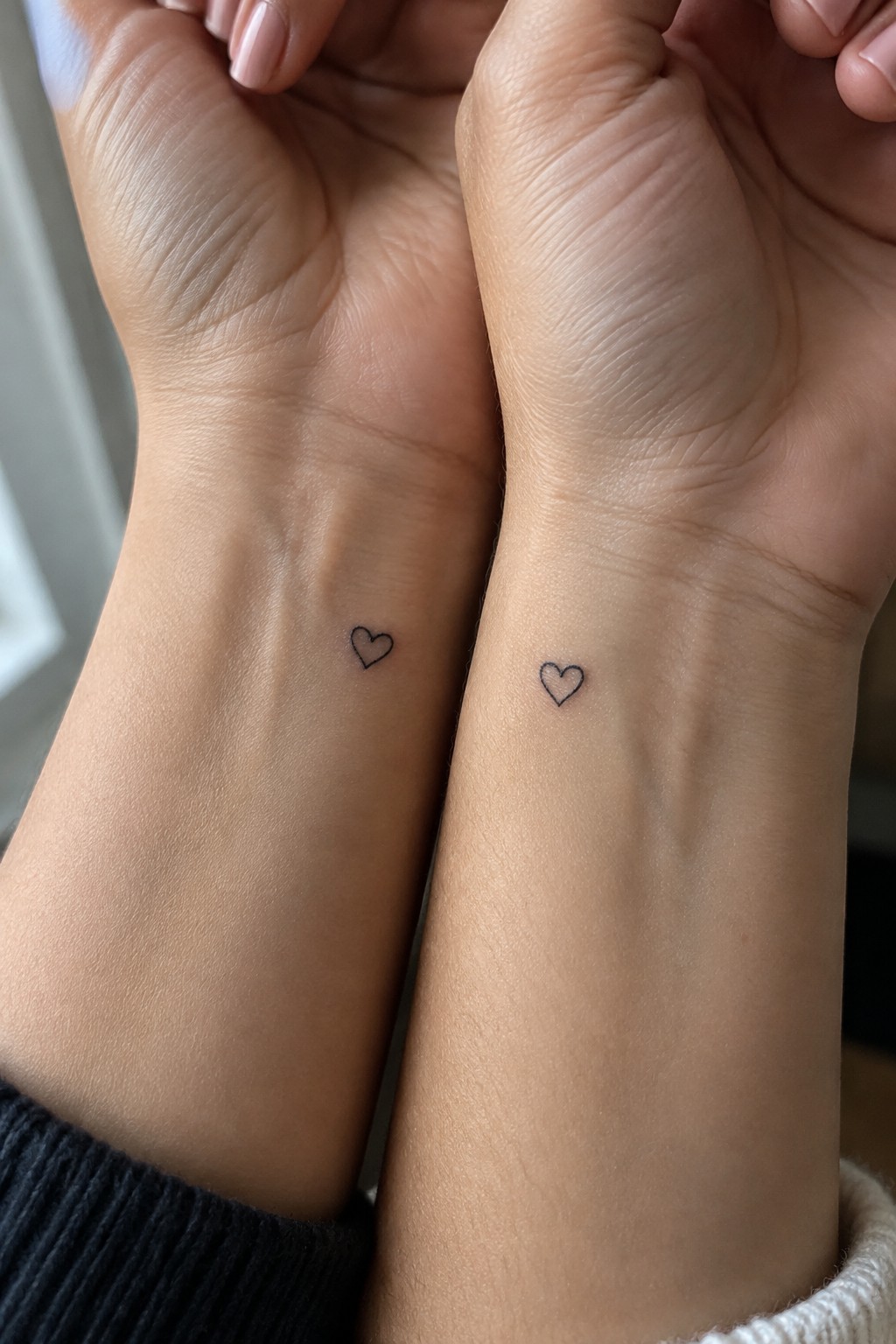 Two people hold their inner wrists together to show matching small black outline heart tattoos.