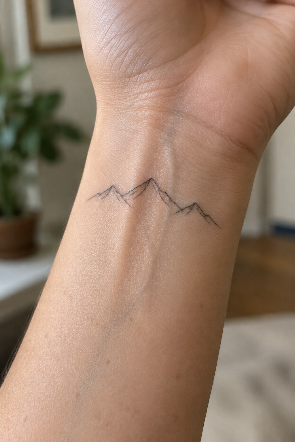 Small fine-line mountain range tattoo across the inner wrist.