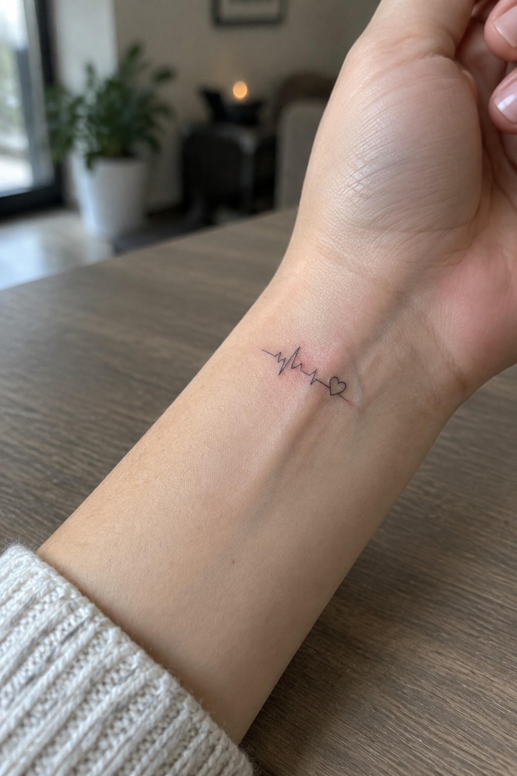 Small black fine-line heartbeat tattoo ending in an outlined heart on the inner wrist.