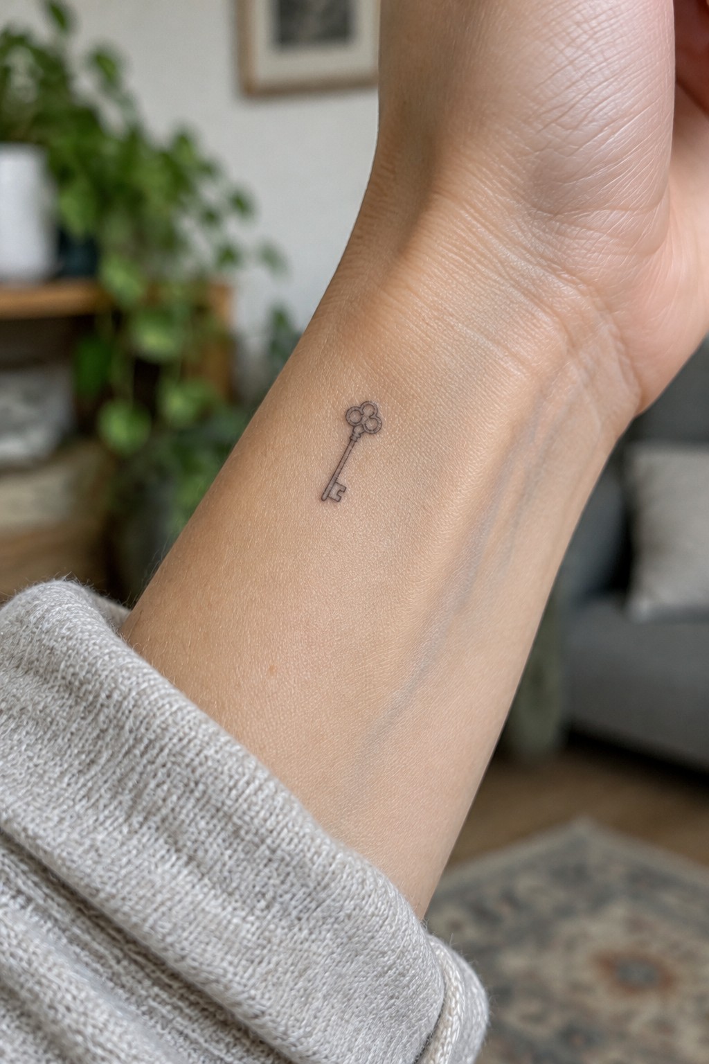 Small fine-line key tattoo with a flower-shaped bow on the inner wrist.