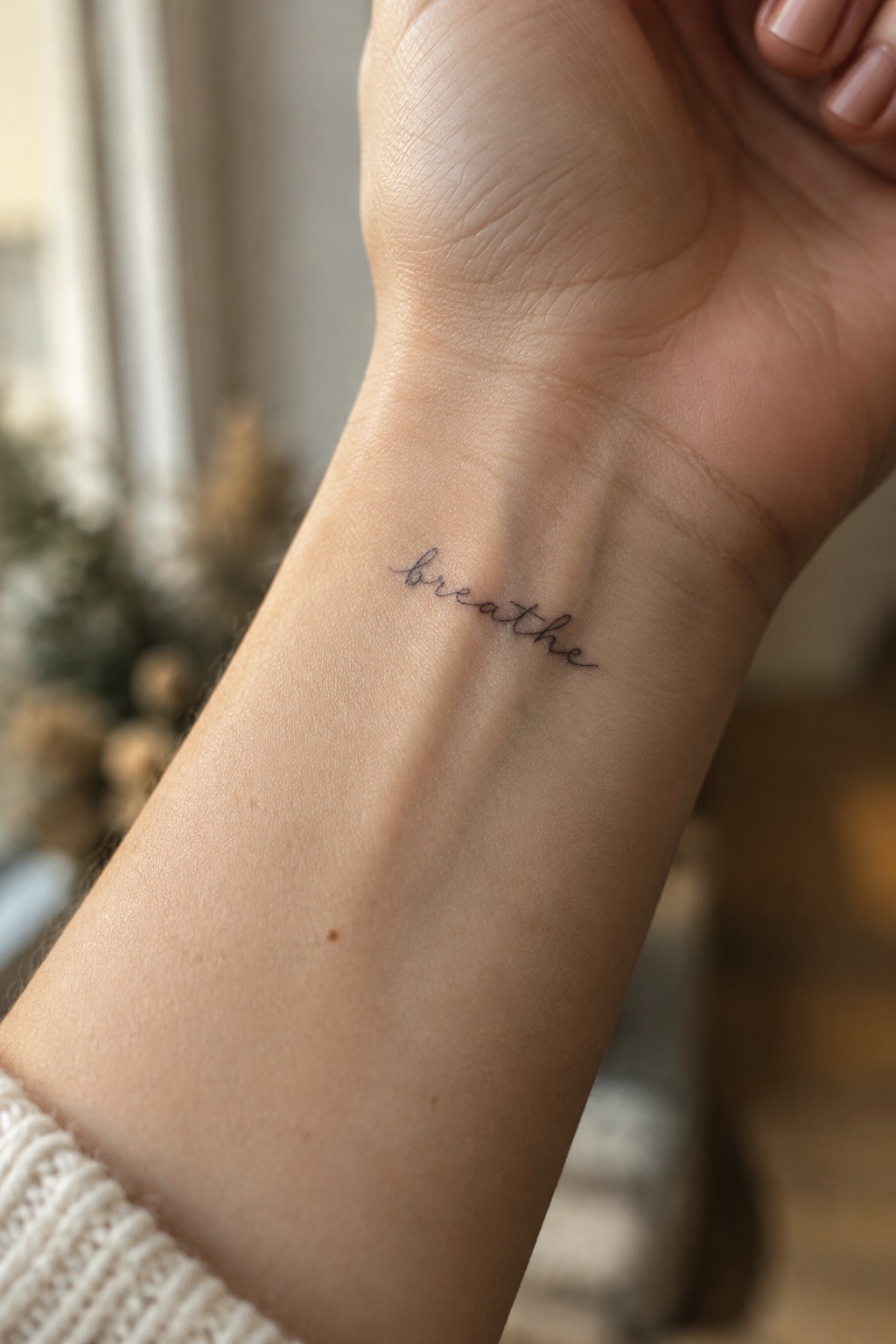 Small fine-script “breathe” tattoo on the inner wrist.