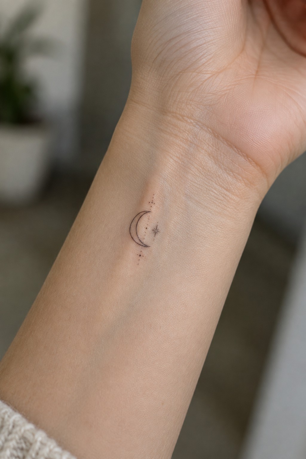 Small black crescent moon tattoo with a tiny star and scattered dots on the inner wrist.