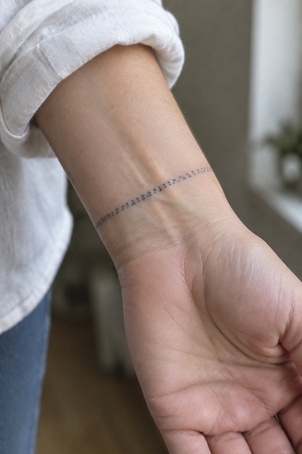 Fine dotted line tattoo wrapped around a woman’s inner wrist.