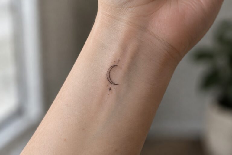 18 Meaningful Wrist Tattoo Ideas for Women Who Prefer Subtle Ink Small black crescent moon tattoo with a tiny star and scattered dots on the inner wrist.