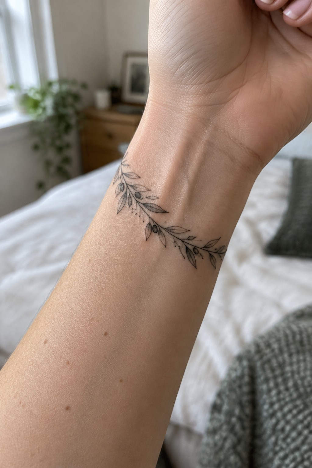 Fine-line olive branch tattoo with leaves and berries curved across the inner wrist.