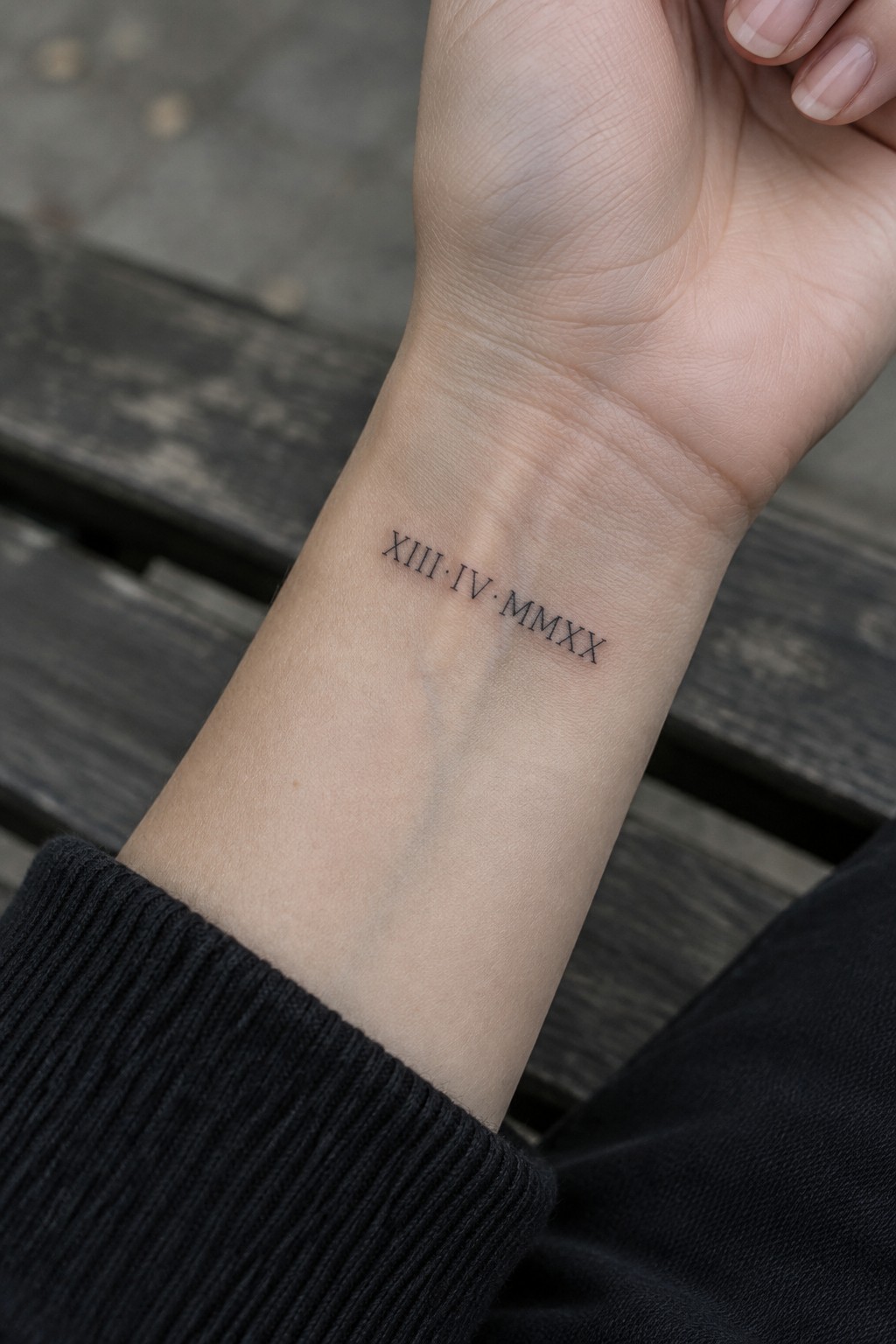 Small black Roman numeral date tattoo reading XIII·IV·MMXIX on the inner wrist.