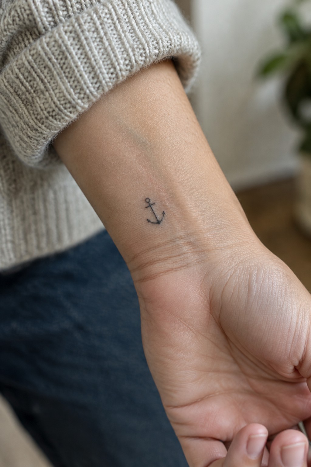 Small fine-line black anchor tattoo on the inner wrist, just above the hand.