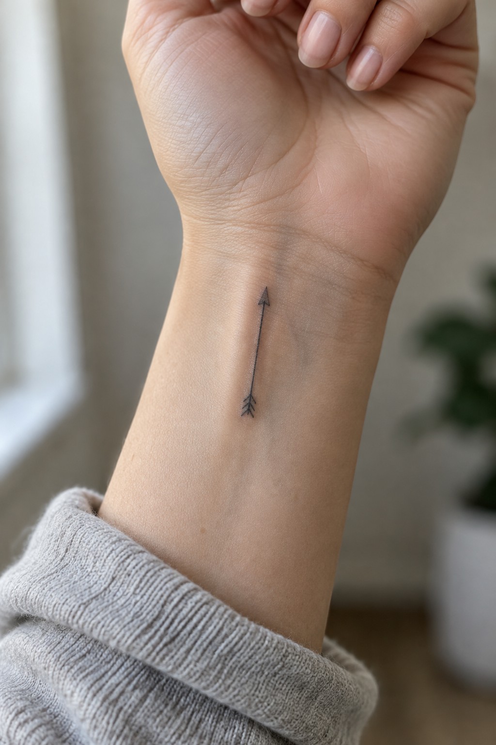 Small black fine-line arrow tattoo pointing toward the palm on the inner wrist.