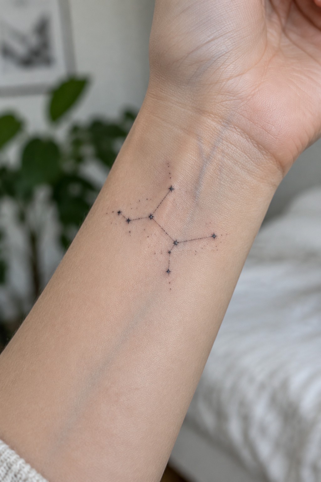 Fine-line constellation tattoo with small stars and connecting lines on the inner wrist.