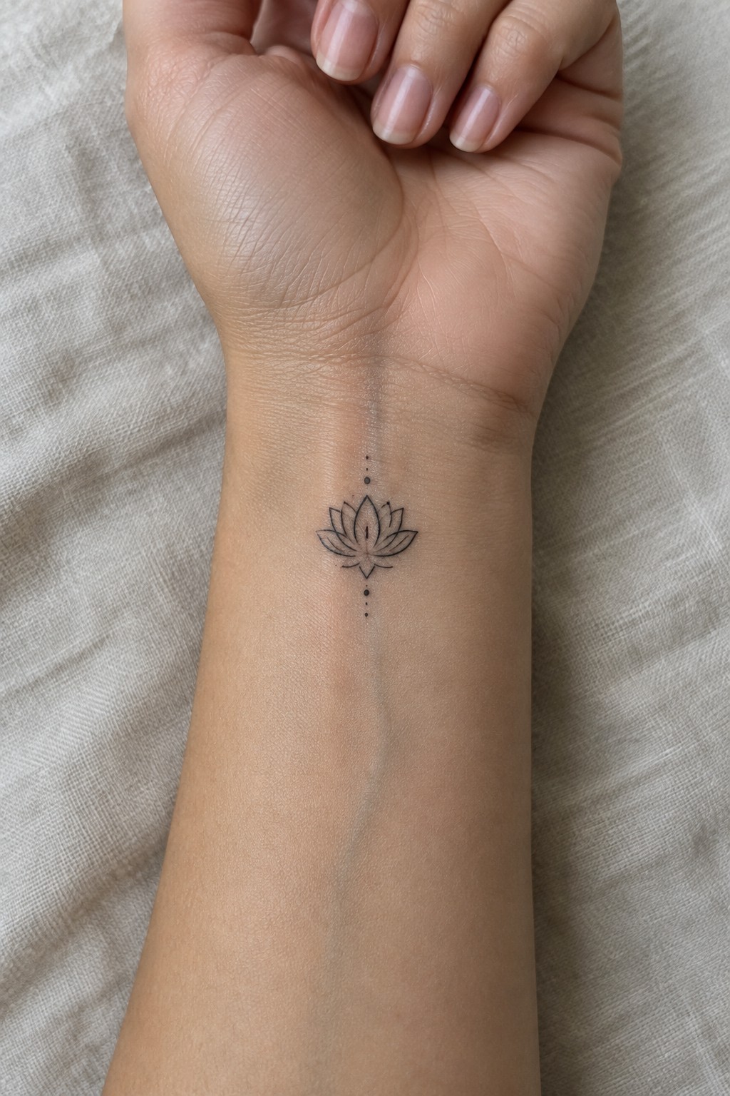 Small fine-line lotus tattoo with dots above and below on the inner wrist.