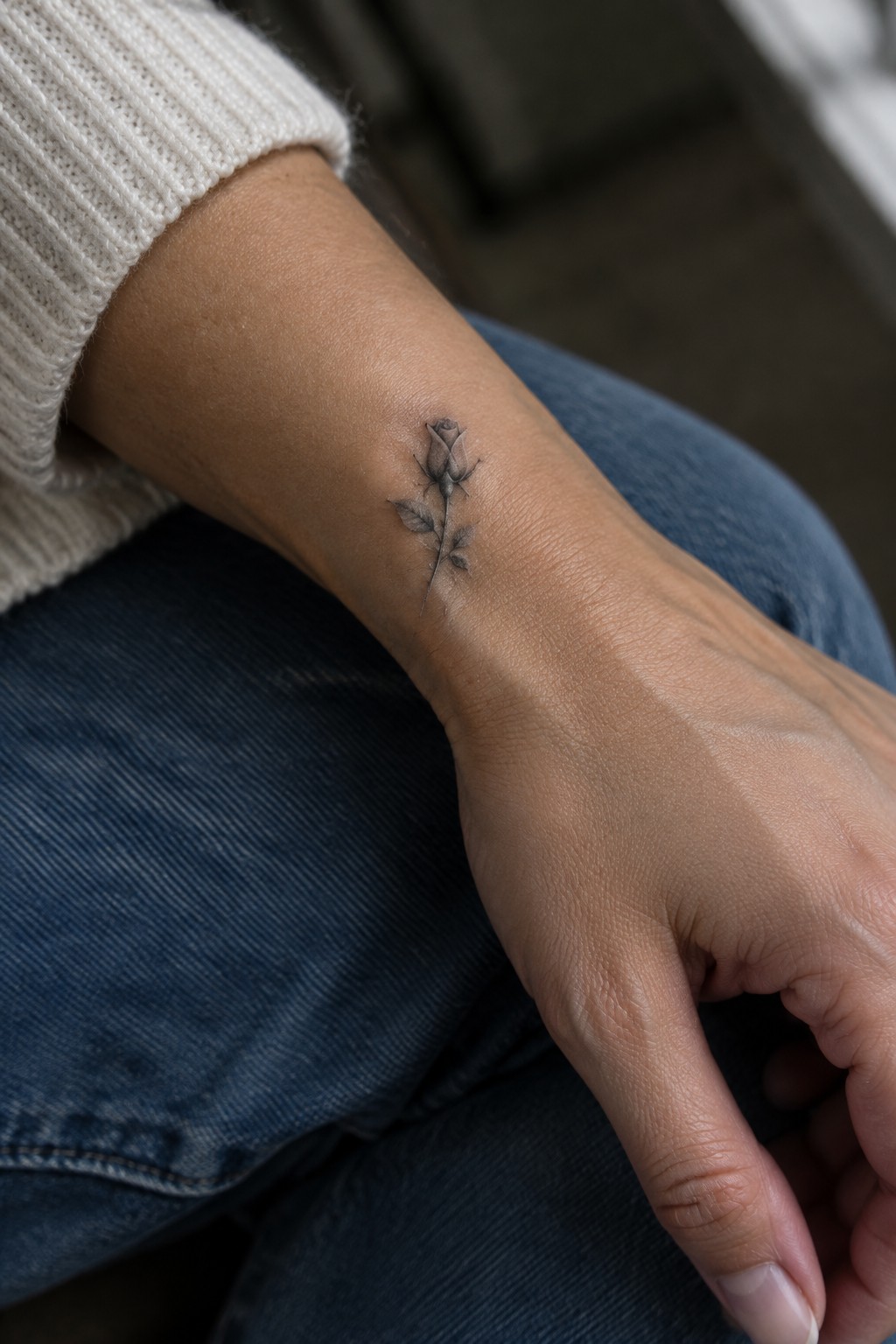 Small black-and-gray rose tattoo with a fine stem on the inner wrist.