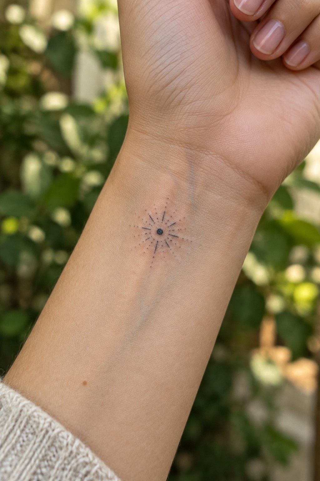 Small black fine-line sunburst tattoo with dotted rays on the inner wrist.