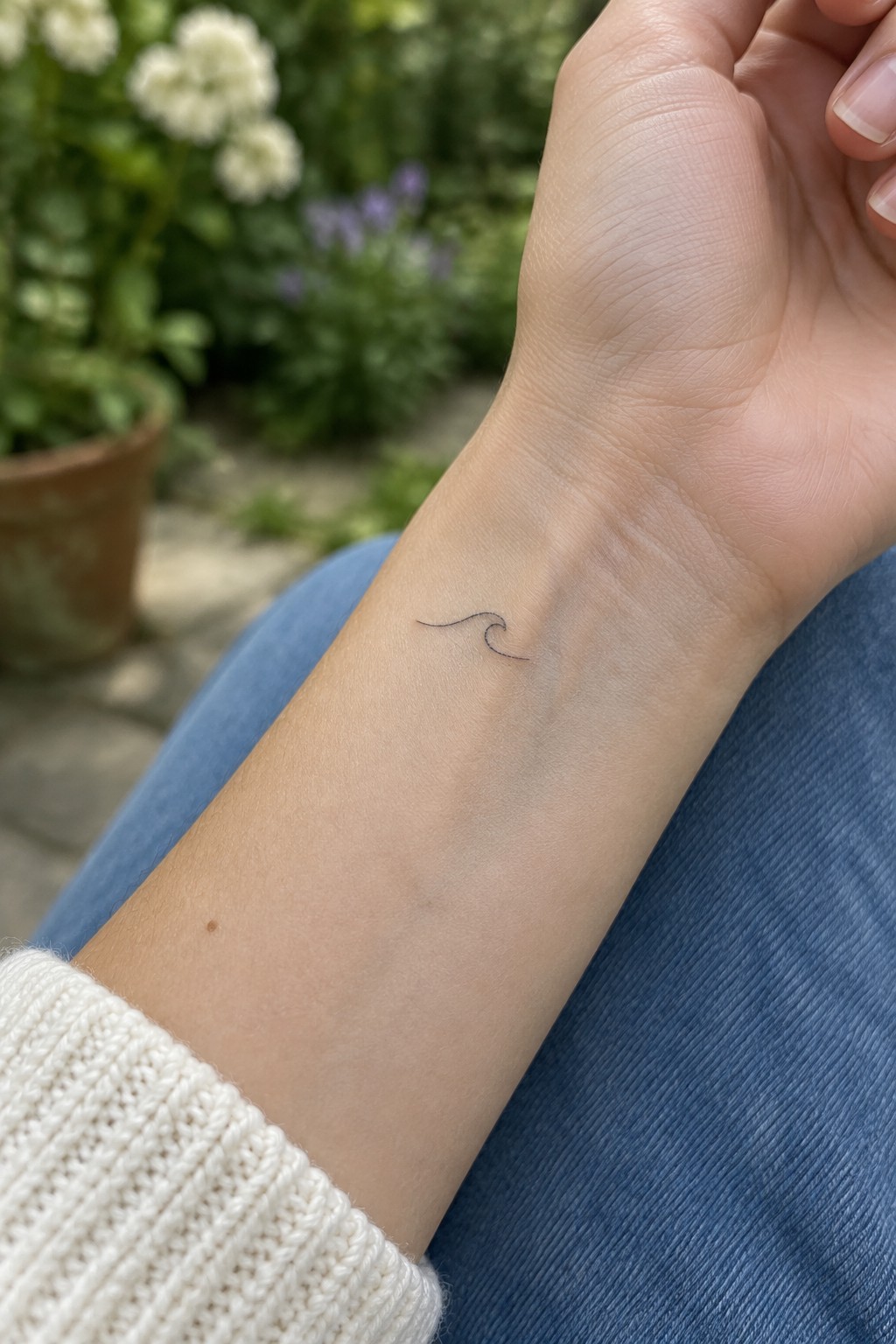 Small fine-line black wave tattoo on the inner wrist.