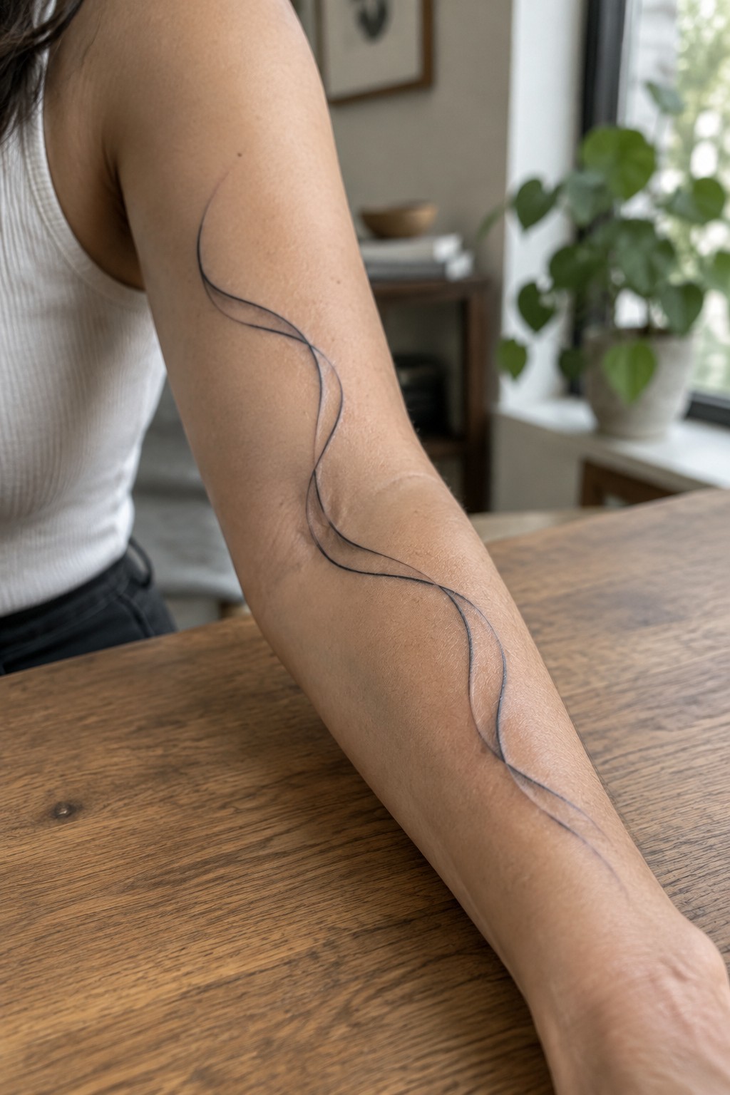 Person's arm with flowing black wavy tattoo lines on wooden table, white tank top