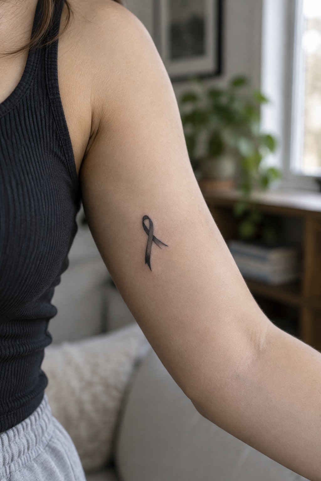 Small black ribbon tattoo on the upper arm of a person wearing a black tank top