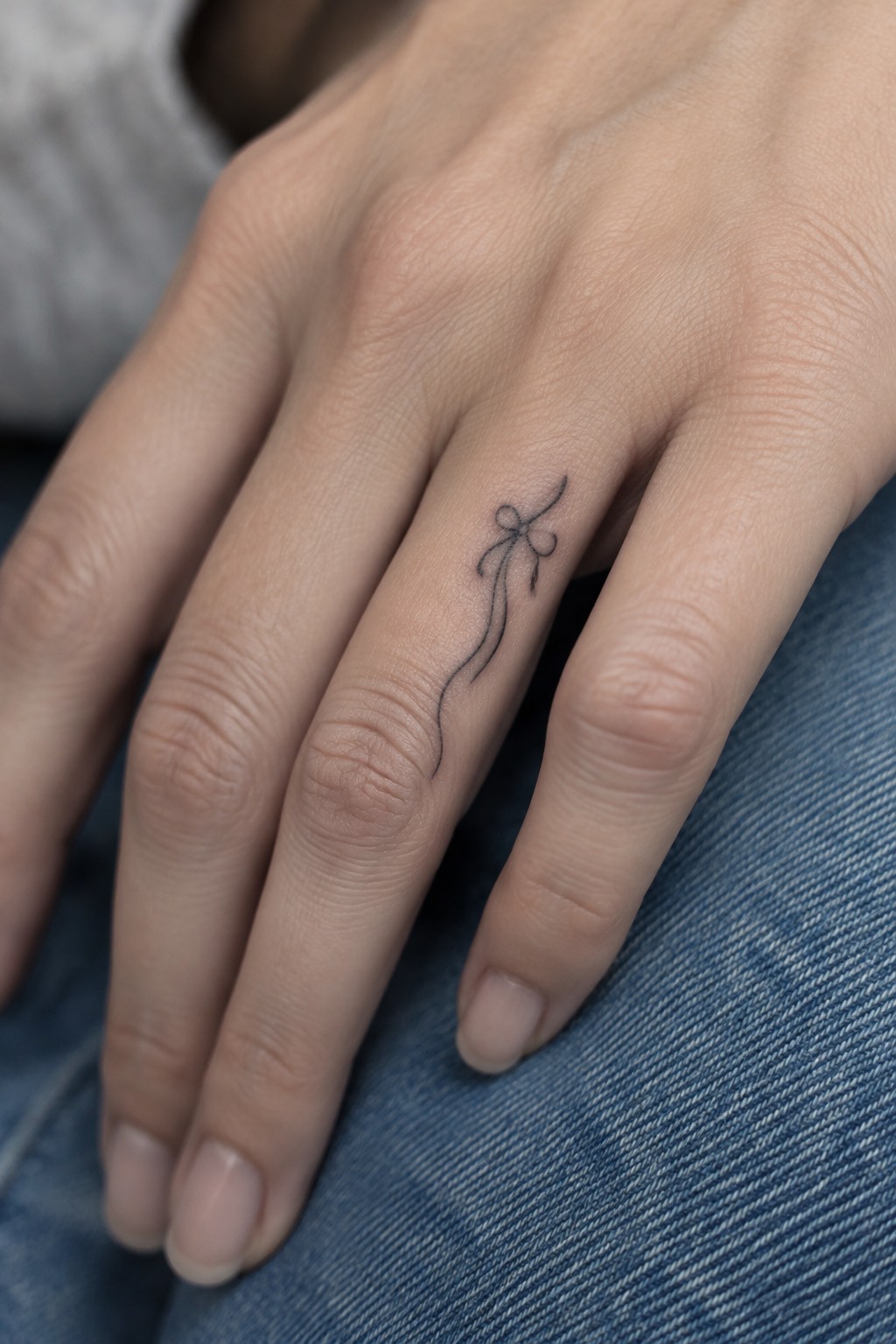 Hand with delicate black bow tattoo on ring finger resting on blue denim jeans