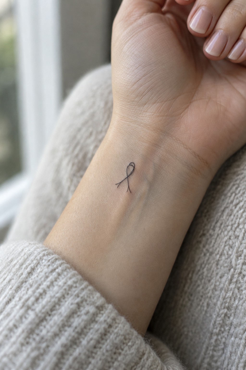 Small black ribbon tattoo on the inner wrist with fine minimalist linework