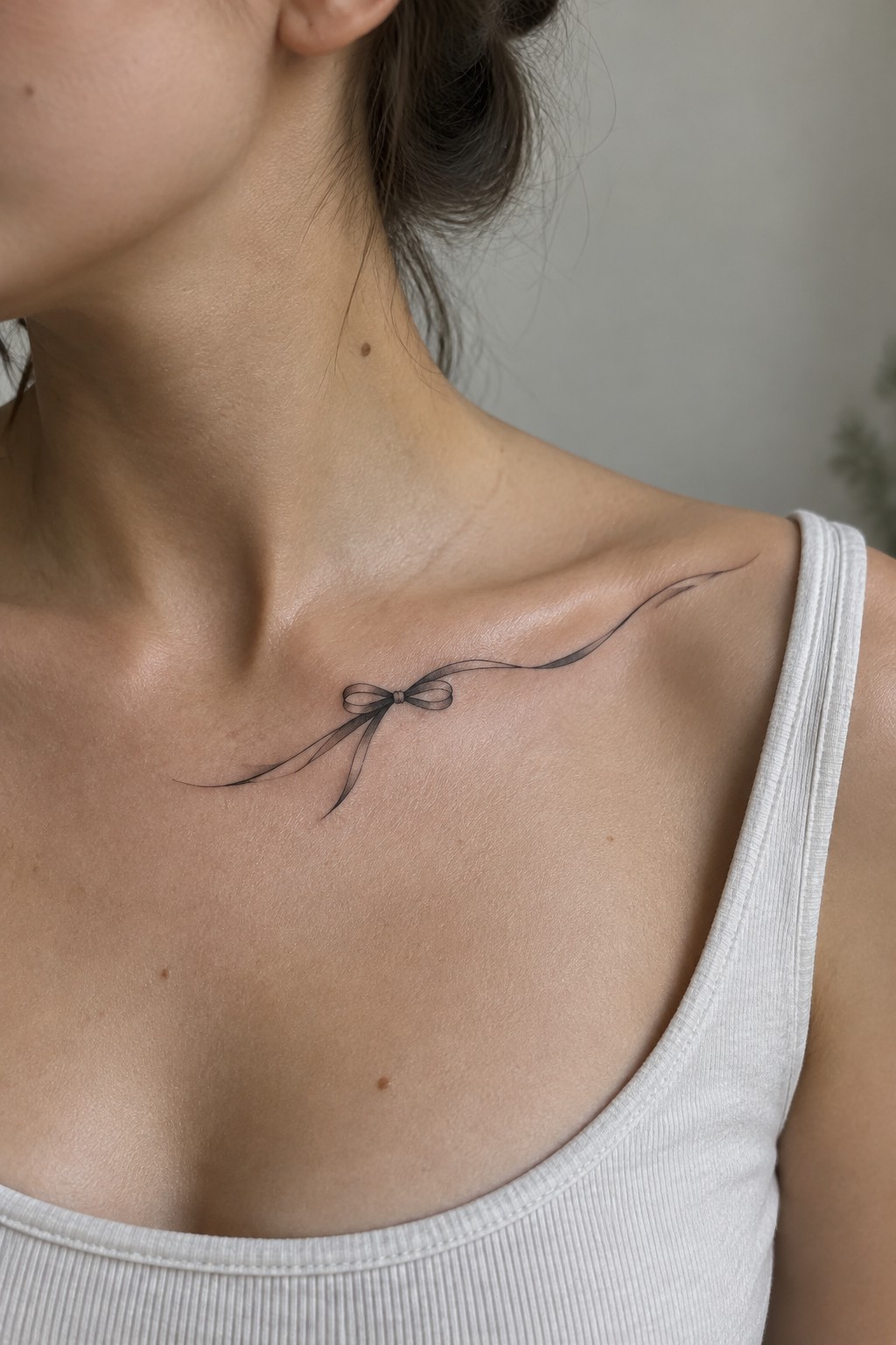 Delicate black bow tattoo with flowing ribbons on shoulder above white tank top