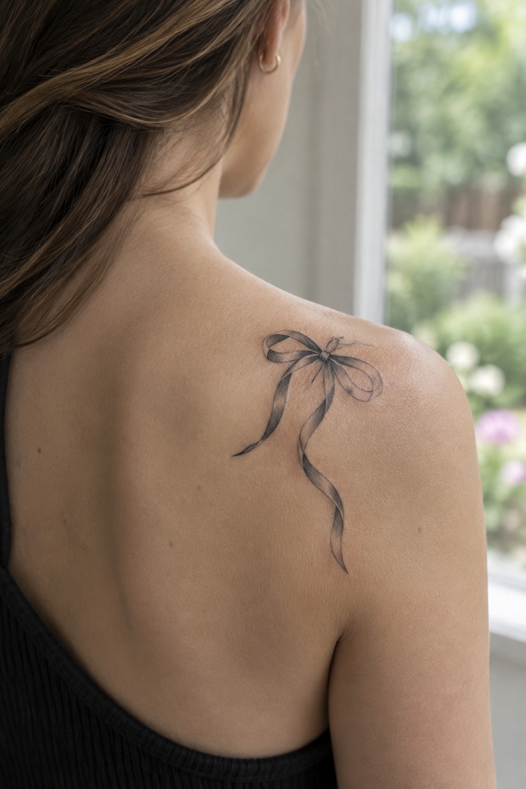 Woman's shoulder with black ribbon bow tattoo, wearing black sleeveless top