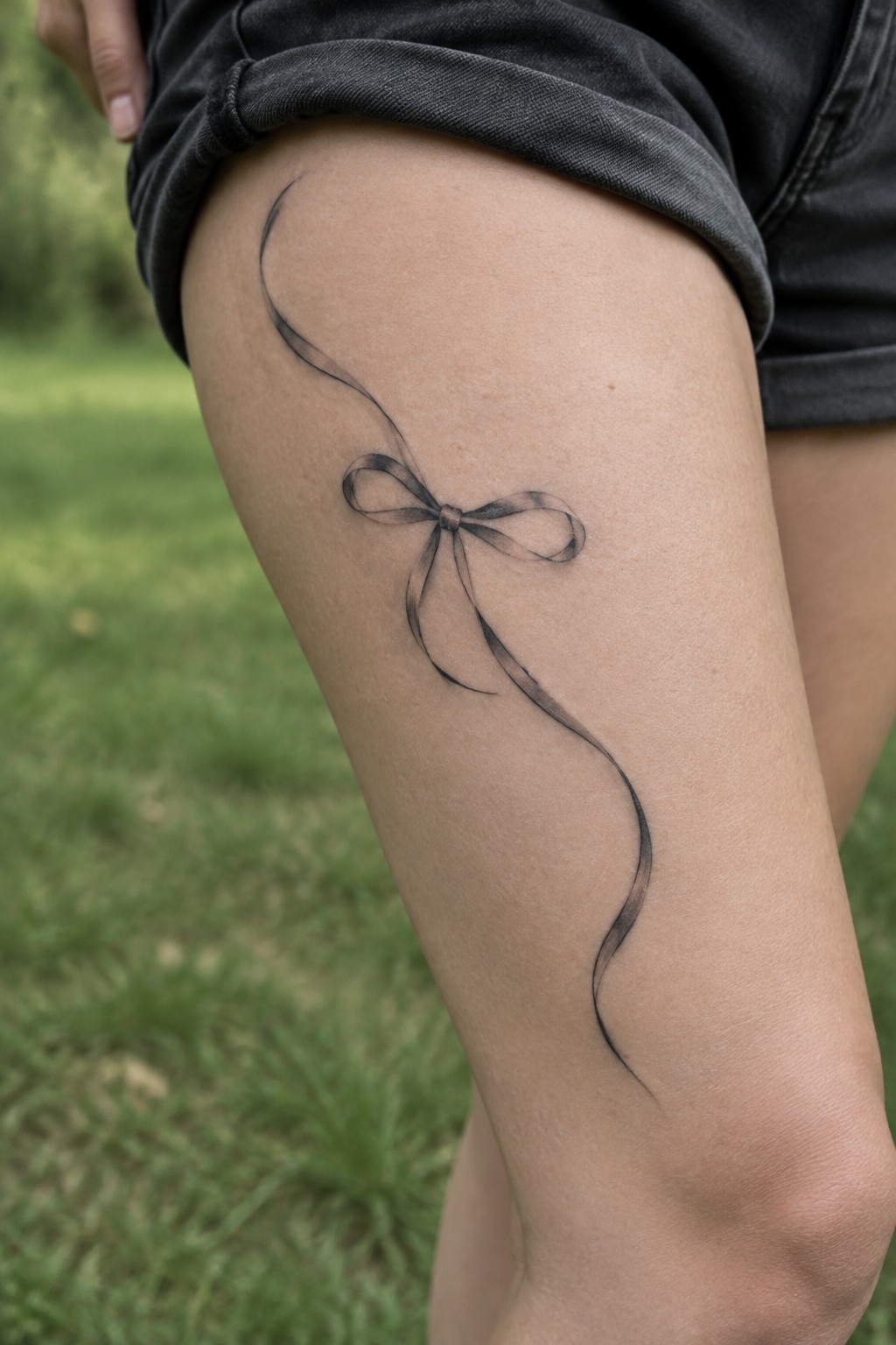 Black bow tattoo with long flowing ribbons on thigh under gray shorts