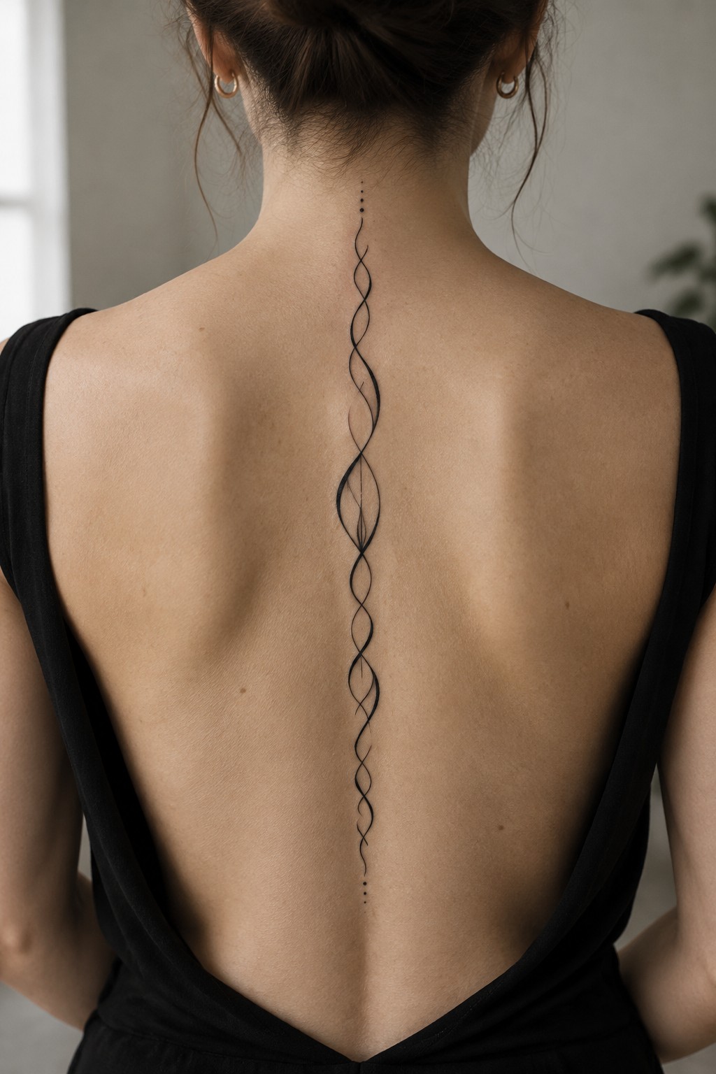 Woman's back in black top with long black looped spine tattoo and dots
