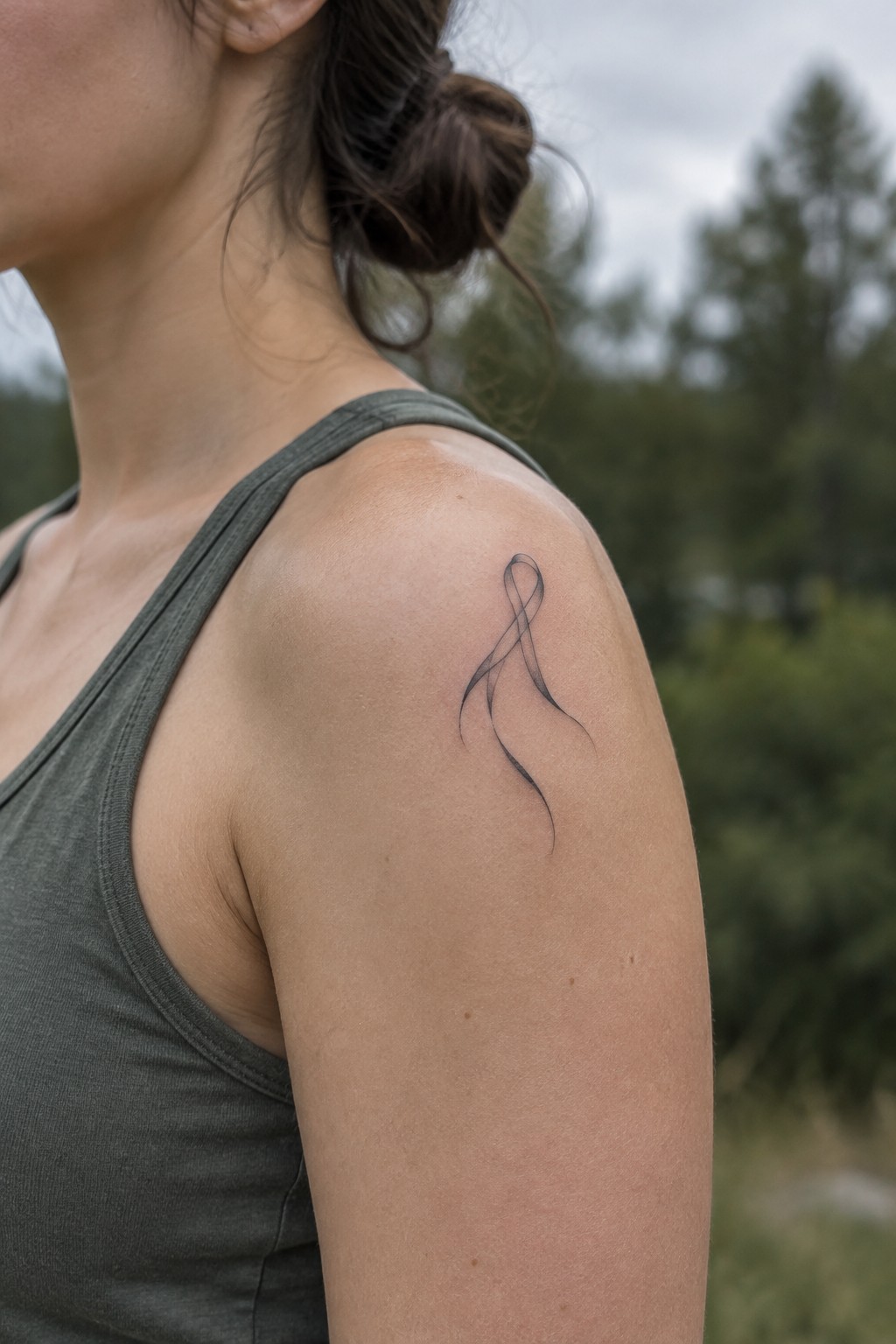 Woman's shoulder with black ribbon tattoo, wearing gray tank top, blurred trees behind.