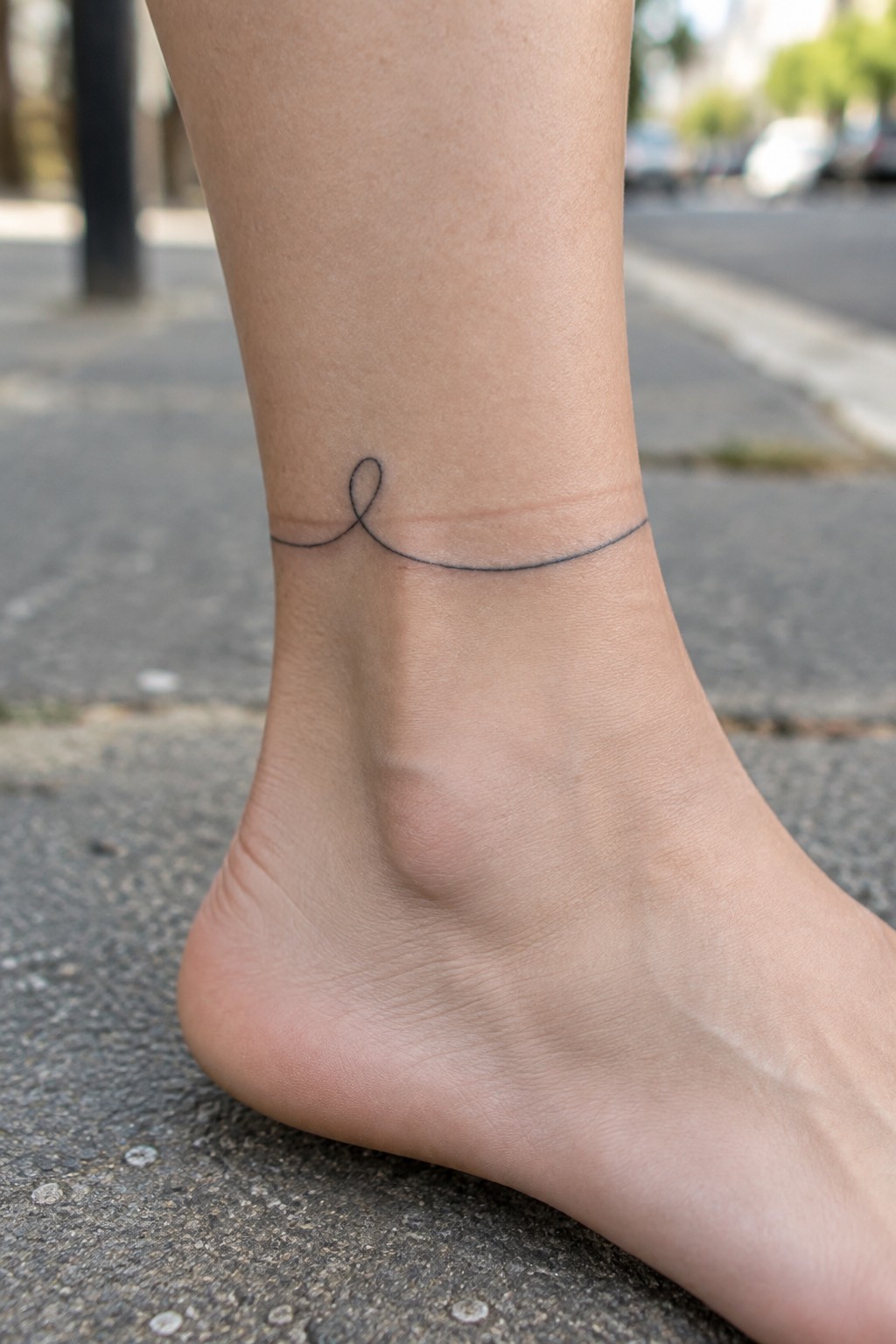 Bare ankle with thin black loop tattoo on light skin over pavement
