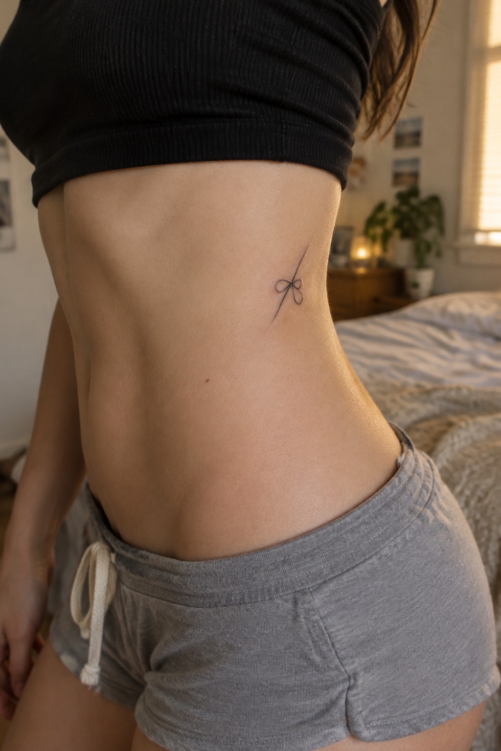Minimalist black bow tattoo on the side torso with a thin curved tail line
